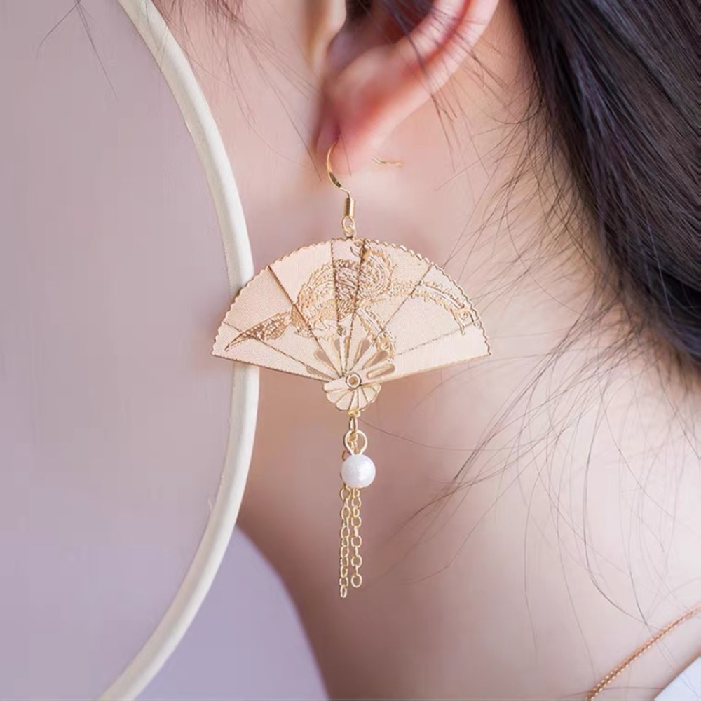 Golden Fan Earrings Antique Asian Art Tassels - Picture 12 of 14